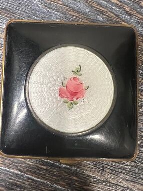 Vintage Enameled Art Deco Compact Square French Guilloche Rose with Lipstick